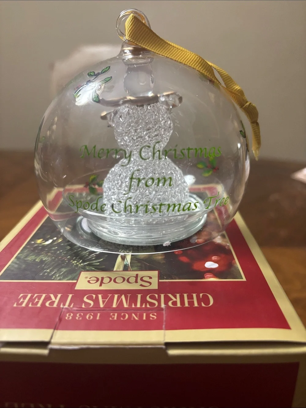 Spode Clear Glass Snowman Ornament with Gold Ribbon and Green Holly Accents